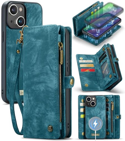 Compatible with iPhone 15 Wallet Case with Magsafe,Blue | Magnetic Detachable Case,Card Holder,Zipper Pocket,Strap Wristlet, Soft Leather Drop-Proof Phone Case for iPhone 15 6.1" - color: Blue, size: iPhone 15 6.1"