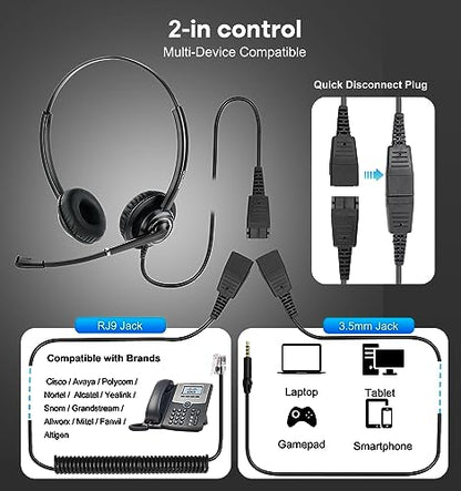 MAIRDI Telephone Headset with RJ9 Jack & 3.5mm for Multipe Devices, Office Headset with Mic Noise Canceling for Call Center, Work with Landline Deskphone Cell Phone PC Laptop