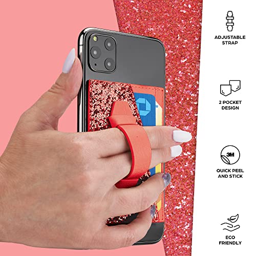 Stick On Phone Wallet, Finger Strap Grip, Credit Card Holder, Faux Leather - color: Red