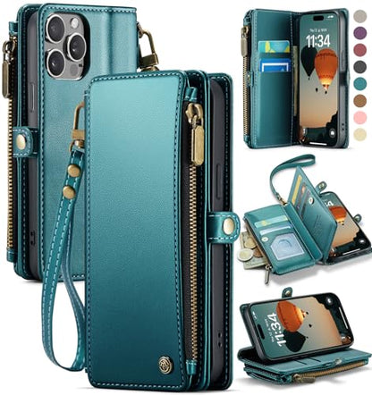Defencase for iPhone 13 Pro Wallet Case with RFID Card Holder, Blue Green | Durable Soft PU Leather, with Zipper Pocket, Wrist Strap, Fashion Snap Flip Phone Cases Cover with Stand for Women and Men - color: Blue Green