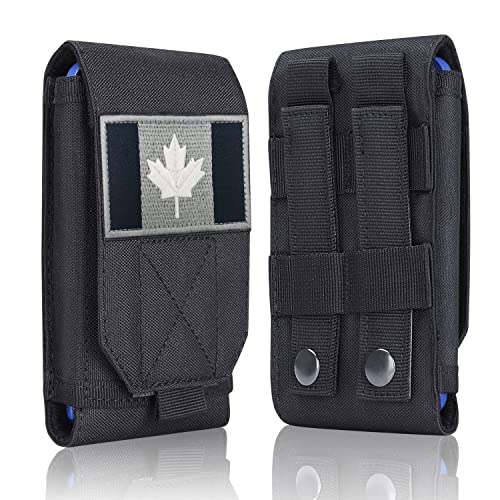Black Tactical Molle Waterproof Cellphone Pouch Case,Heavy Duty Phone Holster Bag for iPhone 11 12 13 Pro Max Less 6.7" Phone(Fits Otterbox/Survivor Protective Case on) with Canada Flag Patch - color: Black & 1 Black/white Patch