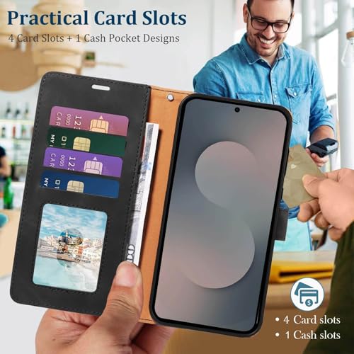 RFID Blocking for Samsung Galaxy S25 FE Case Wallet (Black) | 4 Card Slots, Soft PU Leather, TPU Inner Shell, Wrist Strap, Stand, Magnetic Folio Flip Cover, Shockproof Protective - color: Black