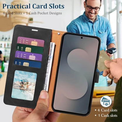 RFID Blocking for Samsung Galaxy S25 FE Case Wallet (Black) | 4 Card Slots, Soft PU Leather, TPU Inner Shell, Wrist Strap, Stand, Magnetic Folio Flip Cover, Shockproof Protective - color: Black