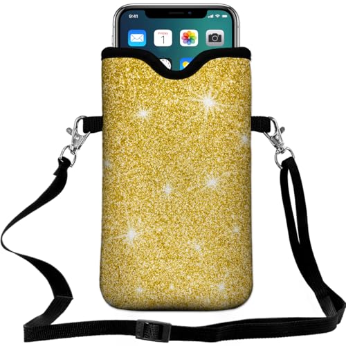 Neoprene Cell Phone Pouch 7.5 X 4.3 in Cloth Mobile Protection Case Bag with Crossbody Strap Neck Lanyard Cell Phone Case Gold Glitter Pattern - color: Gold Glitter Pattern