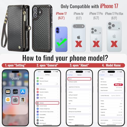 Defencase for iPhone 17 Phone Case Wallet Compatible with Magsafe, C-Black | Magnetic Detachable, Drop-Proof Protective Wallet Cases Cover, with RFID Bolcking Card Holder, Zipper Strap, Soft PU Leather - color: (Detachable with Magsafe)-Carbon Fiber Black