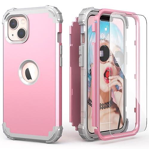 IDweel for iPhone 15 Case with Screen Protector,Luxury 3 in 1 Shockproof Slim Fit Hybrid Heavy Duty Protection Glitter Hard PC Cover Soft Silicone Bumper Full Body Case,Pink/Light Grey - color: Pink/Light Grey