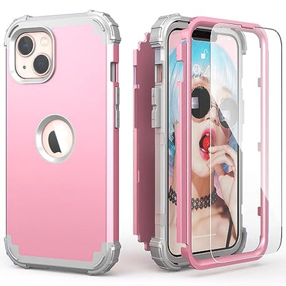 IDweel for iPhone 15 Case with Screen Protector,Luxury 3 in 1 Shockproof Slim Fit Hybrid Heavy Duty Protection Glitter Hard PC Cover Soft Silicone Bumper Full Body Case,Pink/Light Grey - color: Pink/Light Grey