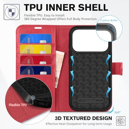 TUCCH Wallet Case for iPhone 17 Pro (6.3") 2025, 4 Card Slots, Red | RFID Blocking, Viewing Stand, Shockproof TPU Shell, PU Leather, Magnetic Closure, Protective Folio Flip Cover - color: Red