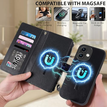 for iPhone 17 Case Wallet,Compatible with MagSafe 2 in 1 Magnetic Detachable PU Leather RFID Blocking Wallet Cover Card Holder Zipper Wrist Strap Lanyard,Quilted Black - color: Quilted Black, size: iPhone 17