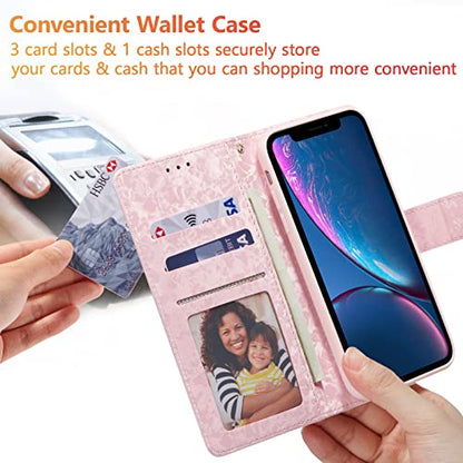 UEEBAI Wallet Case for iPhone 15, PU Leather Phone Cover Kickstand RFID Blocking Flip Case Card Slots Wrist Strap Relief Engraved Pattern Magnetic Closure Flower Folio Wallet, Sunflower - color: Sunflower, size: iPhone 15
