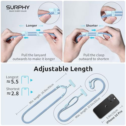 SURPHY Phone Lanyard, Adjustable Phone Strap Crossbody with 2 Pack Phone Tether Tab, Premium Metal Buckles and Two-Color Braided Cell Phone Lanyard Crossbody for Women and Men, Deep & Light Blue - color: Deep Blue + Light Blue