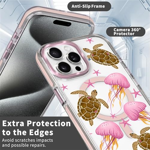 VisEnt Clear Case for iPhone 15 ProMax, Magnetic Phone Case, Transparent Slim Cover, Military Grade Protection, Shockproof, Anti-Yellowing, Scratch Resistant, Pink Jellyfish Sea Turtle - color: Pink Jellyfish Sea Turtle, size: Iphone 15 Pro Max