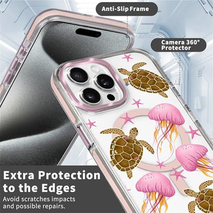 VisEnt Clear Case for iPhone 15 ProMax, Magnetic Phone Case, Transparent Slim Cover, Military Grade Protection, Shockproof, Anti-Yellowing, Scratch Resistant, Pink Jellyfish Sea Turtle - color: Pink Jellyfish Sea Turtle, size: Iphone 15 Pro Max