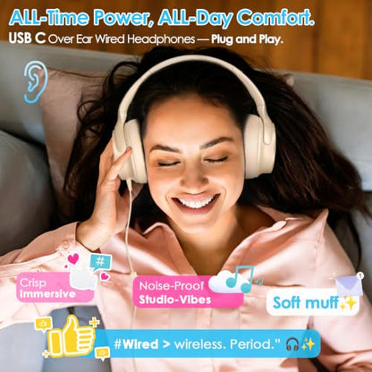 INFURTURE USB C Headphones Wired Active Noise Cancelling Over Ear-White - color: White