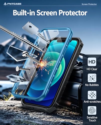 FNTCASE for iPhone 12 Case with Built-in Screen Protector and Kickstand | 20FT Military-Grade Drop Protection, Anti-Slip Matte Textured, Rugged Heavy Duty Shockproof TPU Protective Phone Cover - color: Blue