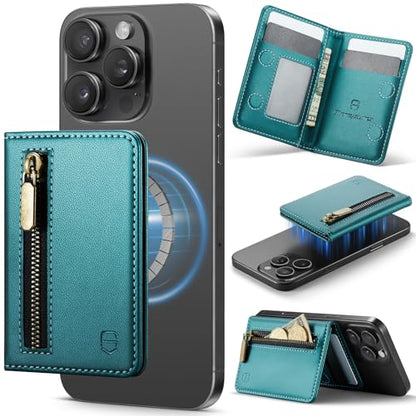 Strapurs Magnetic Card Holder Compatible with MagSafe Phones and Cases, PU Leather Phone Wallet for iPhone 17/16/15/14/13/12/Pro/Max/Plus/Air, 4 Card Slots RFID Blocking with Zipper Pocket,Bluegreen - color: Blue Green