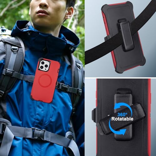 Magnetic for iPhone 13 Pro Max Case with Belt Clip Holster, Black Red | Heavy Duty Military Grade Drop Protection Case for iPhone 13 Pro Max, 6.7", with 360°Rotating Kickstand 6.7" - color: Red+Black