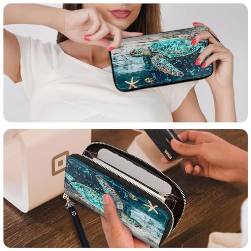 Ladies Wallet,Clutch Purses for Women Wallets Leather Credit Card Holder for Women Wristlet Slim Small Cute with Zipper,Thin RFID Blocking with Wrist Strap,Wood Sea Turtle - color: Wood Sea Turtle