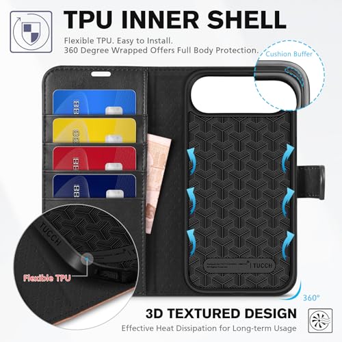 TUCCH Wallet Case for iPhone Air (6.5") 2025, 4 Card Slots, Black & Brown | RFID Blocking, Viewing Stand, Shockproof TPU Shell, PU Leather, Magnetic Closure, Protective Folio Flip Cover - color: Two-tone Black & Brown