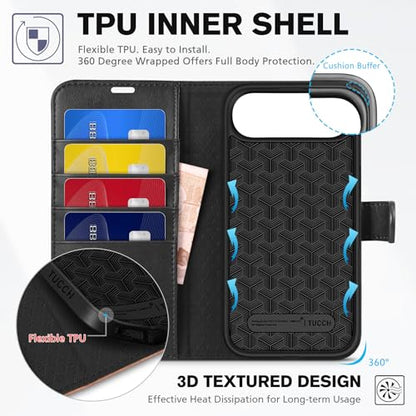 TUCCH Wallet Case for iPhone Air (6.5") 2025, 4 Card Slots, Black & Brown | RFID Blocking, Viewing Stand, Shockproof TPU Shell, PU Leather, Magnetic Closure, Protective Folio Flip Cover - color: Two-tone Black & Brown