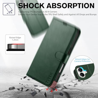 TUCCH Wallet Case for iPhone 16 (6.1") 2024, 4 Card Slots, Evergreen | RFID Blocking, Viewing Stand, Shockproof TPU Shell, PU Leather, Magnetic Closure, Protective Folio Flip Cover - color: Evergreen