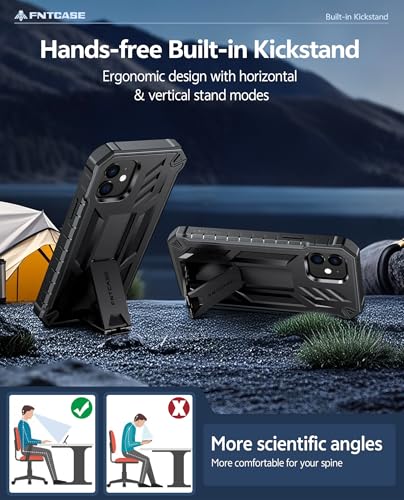 FNTCASE for iPhone 12 Case with Built-in Screen Protector and Kickstand | 20FT Military-Grade Drop Protection, Anti-Slip Matte Textured, Rugged Heavy Duty Shockproof TPU Protective Phone Cover - color: Black