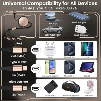 120W Fast Multi Charging Cable, 6 in 1 Retractable Charger (Ebony Golden) - color: Ebony Golden