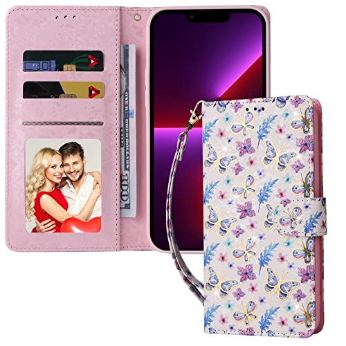 UEEBAI Wallet Case for Samsung Galaxy S22 5G, PU Leather Phone Case Kickstand RFID Blocking Flip Case Card Slots Wrist Strap Relief Engraved Pattern Magnetic Closure Flower Folio Case, Butterfly - color: Butterfly, size: Samsung Galaxy S22 5G