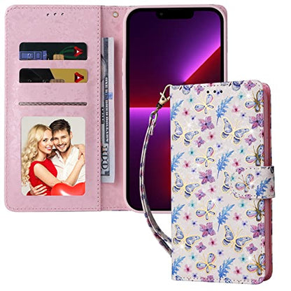 UEEBAI Wallet Case for Samsung Galaxy S22 5G, PU Leather Phone Case Kickstand RFID Blocking Flip Case Card Slots Wrist Strap Relief Engraved Pattern Magnetic Closure Flower Folio Case, Butterfly - color: Butterfly, size: Samsung Galaxy S22 5G
