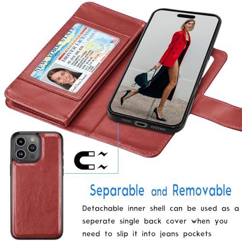 Tekcoo Wallet Case Compatible with iPhone 16 Pro Max (6.9 inch) 2024 Luxury ID Cash Credit Card Slots Holder Carrying Pouch Folio Flip PU Leather Cover [Detachable Magnetic Hard Case] Strap [Red] - color: Wine Red, size: 16 Pro Max