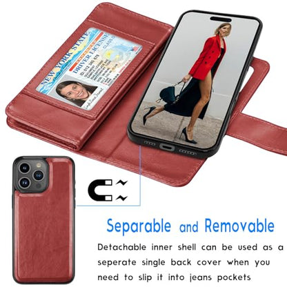 Tekcoo Wallet Case Compatible with iPhone 16 Pro Max (6.9 inch) 2024 Luxury ID Cash Credit Card Slots Holder Carrying Pouch Folio Flip PU Leather Cover [Detachable Magnetic Hard Case] Strap [Red] - color: Wine Red, size: 16 Pro Max
