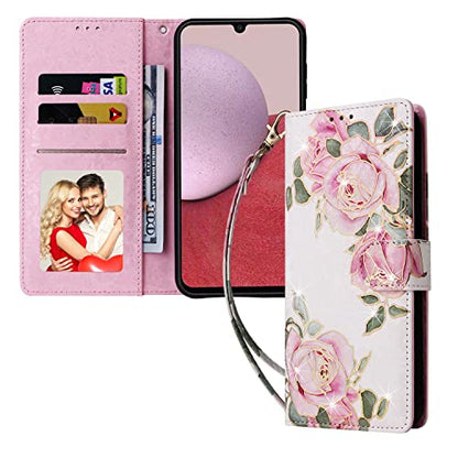 UEEBAI Wallet Case for Samsung Galaxy A34 5G, PU Leather Phone Cover Kickstand RFID Blocking Flip Case Card Slots Wrist Strap Relief Engraved Pattern Magnetic Closure Folio Cover - White Rose - color: White Rose, size: Samsung Galaxy A34 5G