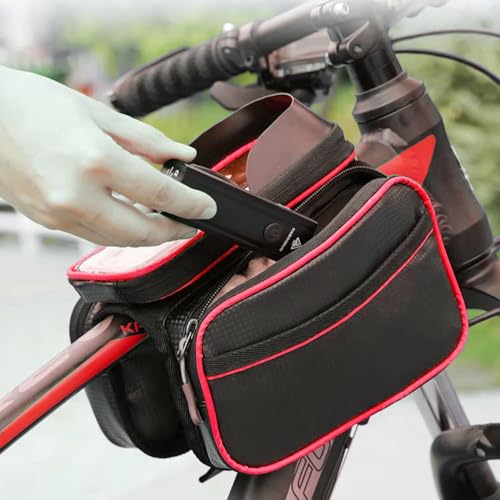 Bicycle Front Frame Bag with Touchscreen Phone Holder, Waterproof, Carbon Patterned Fabric, Top Tube Cycling Pouch(Upgrade Red) - color: Upgrade Red