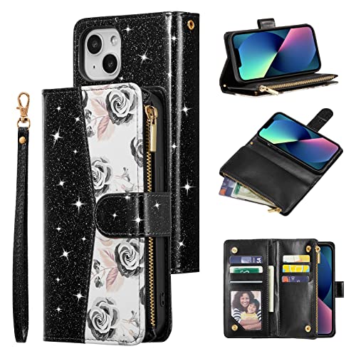 UEEBAI Wallet Case for iPhone 13 - PU Leather Magnetic Closure Handbag With Zipper Pocket, Kickstand, Card Slots and Hand Strap - Bling Black Flip Case for Women - color: Bling Black