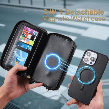 Harryshell Compatible with iPhone 16 Case Wallet Multi Zipper Detachable Removable Cover Purse with RFID Blocking Card Slots Holder Mirror Crossbody Strap (Compatible with Magsafe - Black) - color: Compatible with Magsafe - Black, size: iPhone 16