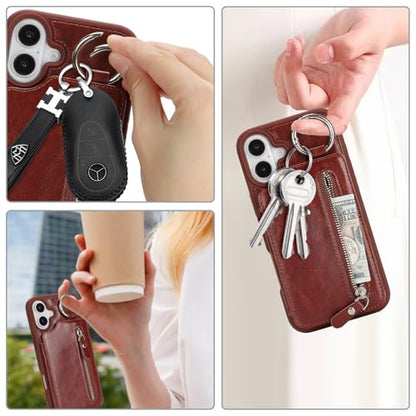 Ｈａｖａｙａ for iPhone 16 case Wallet with Card Holder for Women Men Shockproof Phone case with Keychain Ring Stand Leather Zipper Credit Card Slots-Deep Brown - color: Deep Brown-Ring
