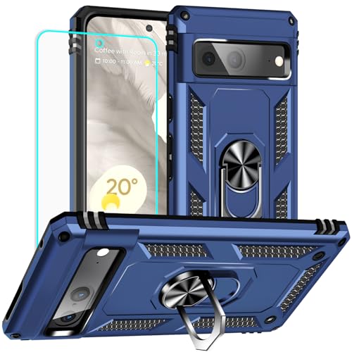 Yiakeng for Google Pixel 7 Case: with Screen Protector - Military Grade Protective Cases with Finger Ring Holder Kickstand for Pixel 7(Blue) - color: Blue, size: Google Pixel 7 Case