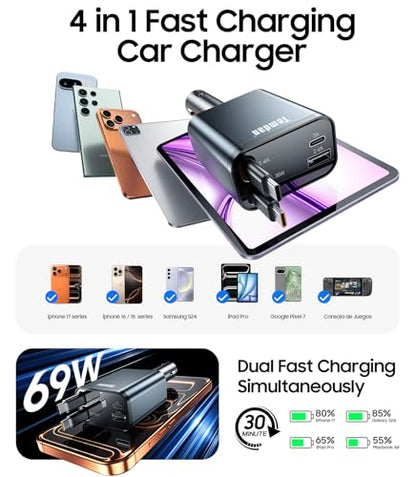 Temdan Retractable Car Charger,75W Fast Charger USB C Car Truck Accessories - color: Grey