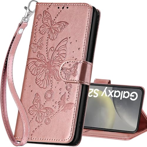 for Samsung Galaxy S25 Wallet case, Rose Gold-Butterfly | 3 Card Holders, Kickstand, Shockproof TPU Shell, PU Leather, Magnetic Closure, Protective Flip Folio Cover, Women - color: 6