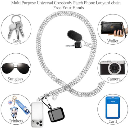 Crossbody Phone Lanyard, Metal Phone Chain for Women Men, Adjustable Phone Strap with Tether Tab, Anti-Theft Neck Strap Compatible with iPhone 17, 16, 15, Most Smartphones, Silver - color: Silver