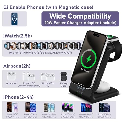 Smtcsl 3 in 1 Wireless Charging Station: 10000mAh Removable Power Bank Charger Stand for Phone/Watch/Air Pods - Portable Magnetic Battery Pack for Air 17 16 15 14 13 12 Series
