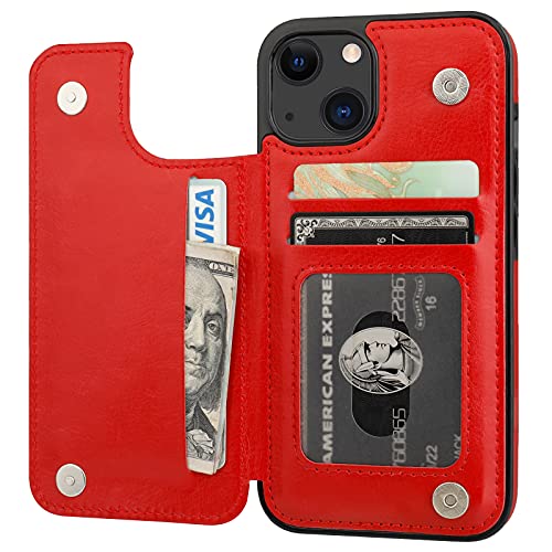 ONETOP for iPhone 13 Wallet Case with Card Holder,Red | Kickstand,ID/Cash Holder,Case Wallet with Card Slots,Double Magnetic Clasp,Durable PU Leather Shockproof Cover for Women Men - color: Red