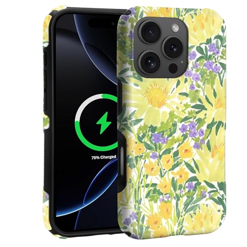 Case for iPhone 16 Pro | Anti-Slip Side Handle| Bold Protective Design | Compatible with MagSafe | Bright Yellow Wildflowers | - color: Bright Yellow Wildflowers, size: iPhone 16 Pro