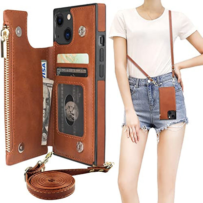 Bocasal Crossbody Wallet Case with Strap for iPhone 13/14, Brown | RFID Blocking Card Slot Holder, Magnetic Flip Folio Purse Case, PU Leather Zipper Handbag Detachable Lanyard Strap 6.1 Inch - color: Brown