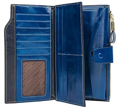YALUXE Women's Real Leather Wallet RFID Protect 21 Card Slots Phone Pocket - color: 4- Waxed Blue, size: Genuine Leather