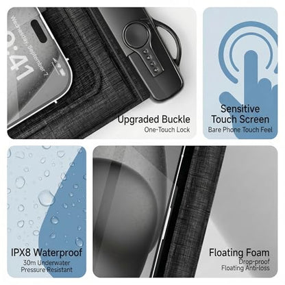 2 Pack IPX8 Floating Waterproof Phone Pouch, Anti-Pop Lock 27.68 Sq in Extra Large Case, Sensitive Touch & Detachable Lanyard, Beach Cruise Essentials for iPhone & Samsung, Black (Black)