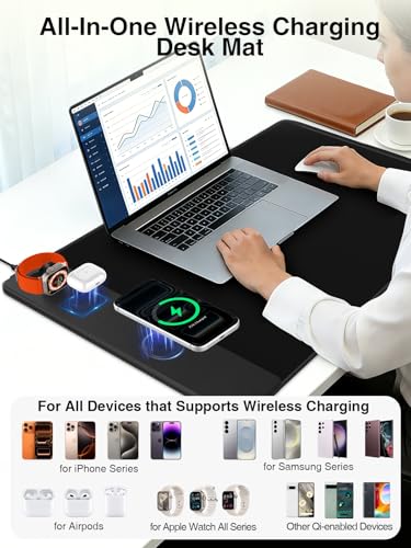 Mouse Pad with Magnetic Wireless Charging, Large Desk Mat, Non-Slip Mouse Mat, Keyboard Pad for Gaming, Desk, Office, PC - color: Black-Magnetic 3-Charge-31.5"x15.8"w/ Wall Charger