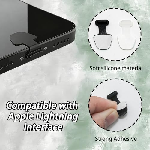 10 Pcs Anti Dust Plugs with 10 Pcs Charger Port Cleaners, Black/Translucent Self-Adhesive Silicone Dust Cover for All Lightning Ports