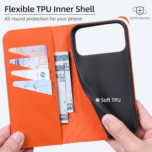 VISOUL Pebbled Genuine Leather Flip Wallet Case for iPhone 17 Pro Max 6.9" 2025, RFID Blocking Card Holders, Kickstand, Protective TPU Folio Cover - Black+Orange - color: Black+Orange