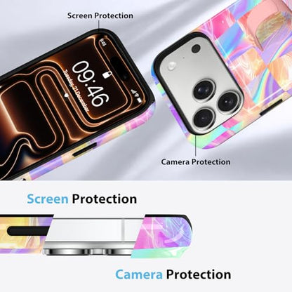 KANGHAR Compatible with iPhone 17 Pro Case Checkered -Iridescent | Silicone Cute Pattern, Finger Hold Wristband Kickstand Camera Protection Soft Slim Phone Case for Girls Women - color: (Checkered)Iridescent Gradient, size: iPhone 17 Pro